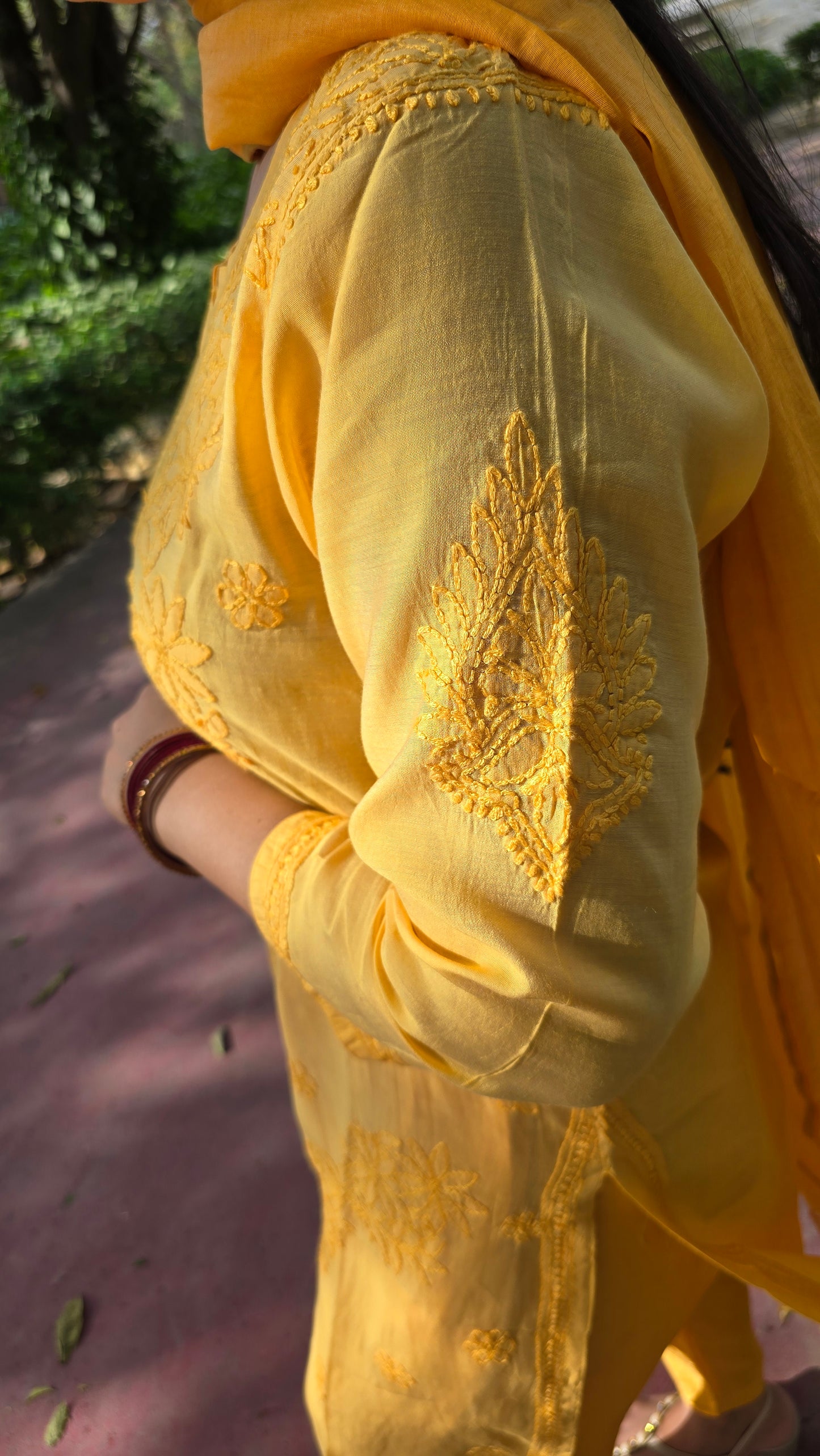 Fine chikankari (shadow work ) on chanderi fabric of yellow colour