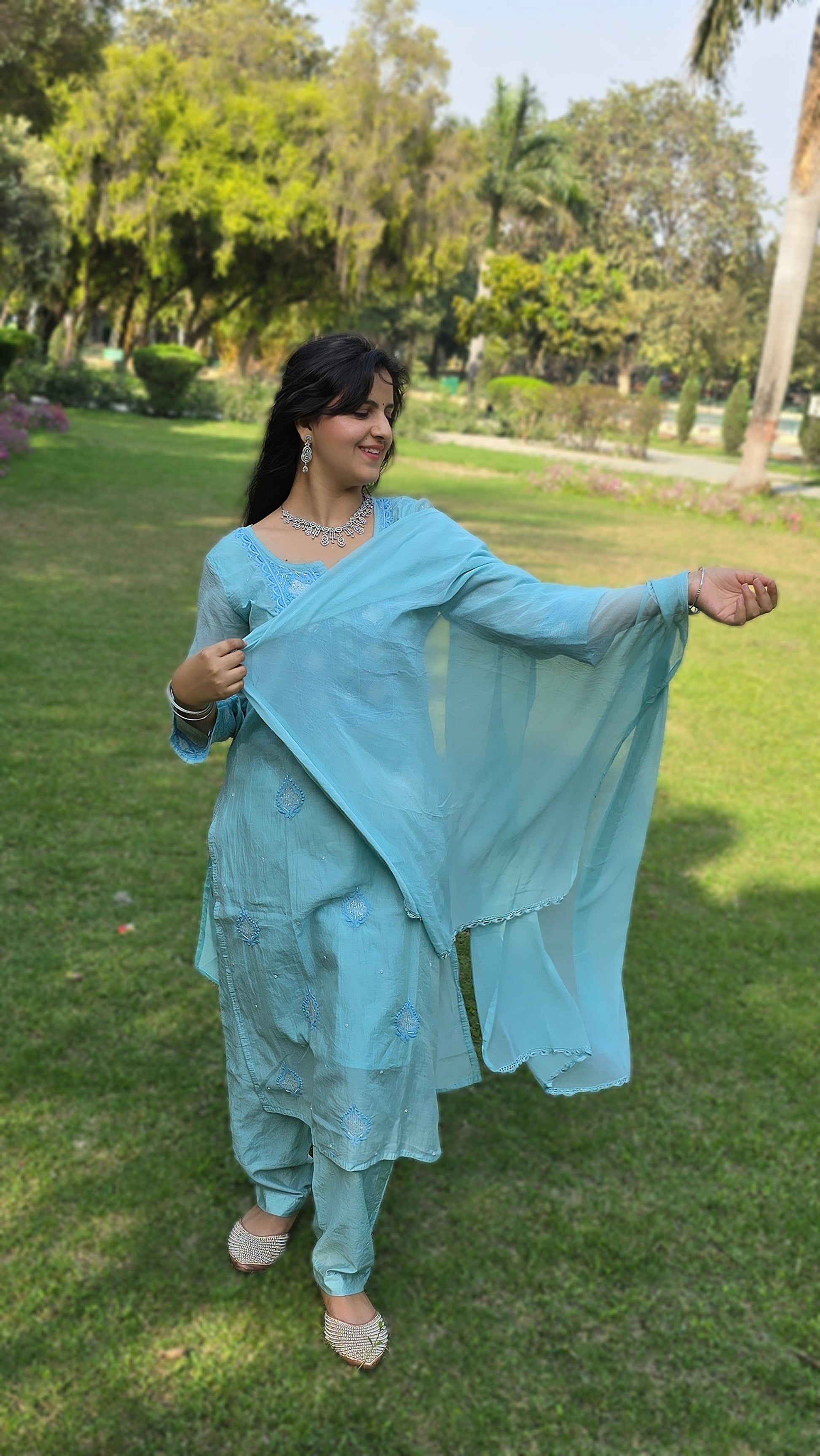 Light blue mul chanderi chikankari suit set with emblishment