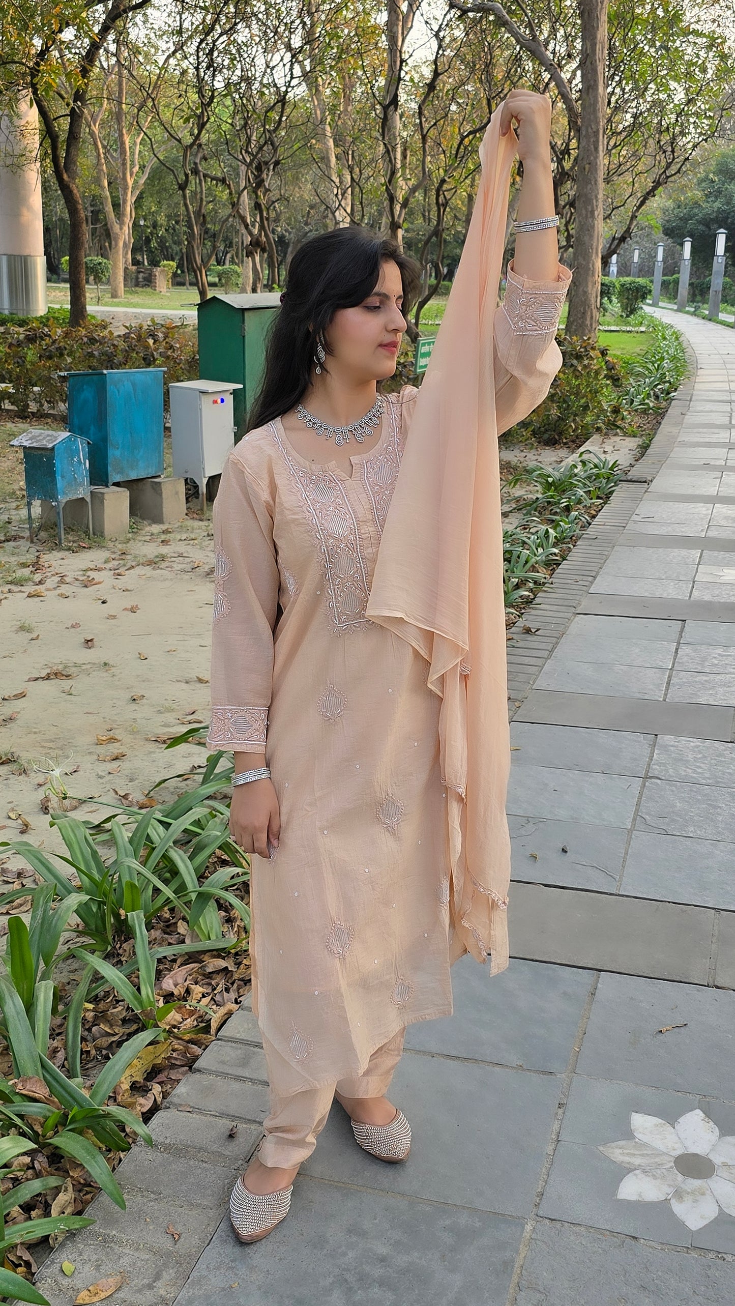 Beige colour mul chanderi handmade chikankari with emblishment partywear outfit.