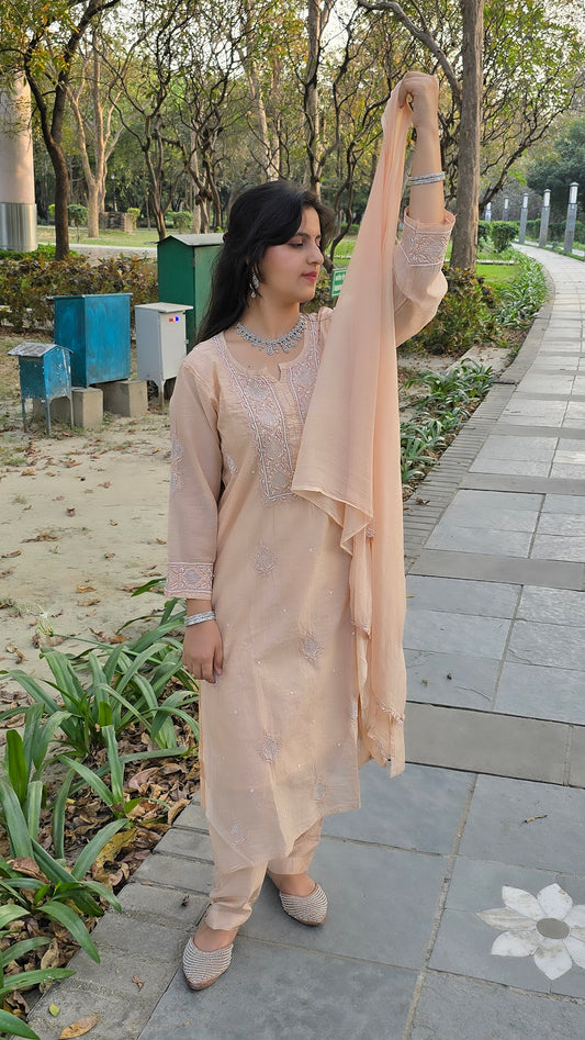 Beige colour mul chanderi handmade chikankari with emblishment partywear outfit.