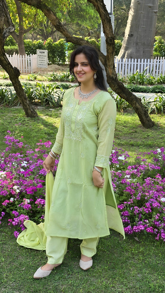 Mul chanderi chikankari suit set with emblishment of pearl and cutdana