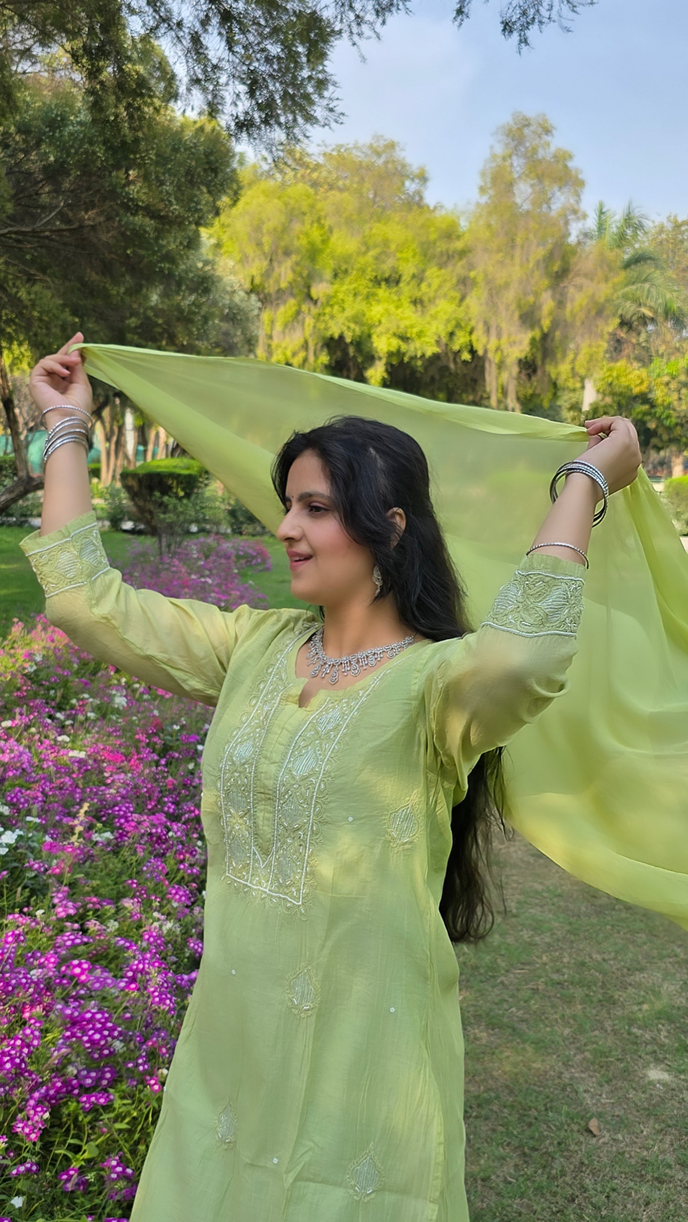 Light green mul chanderi chikankari suit set with emblishment of pearl and cutdana