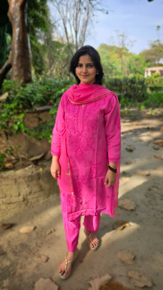 Magenta colour chanderi chikankari suit set