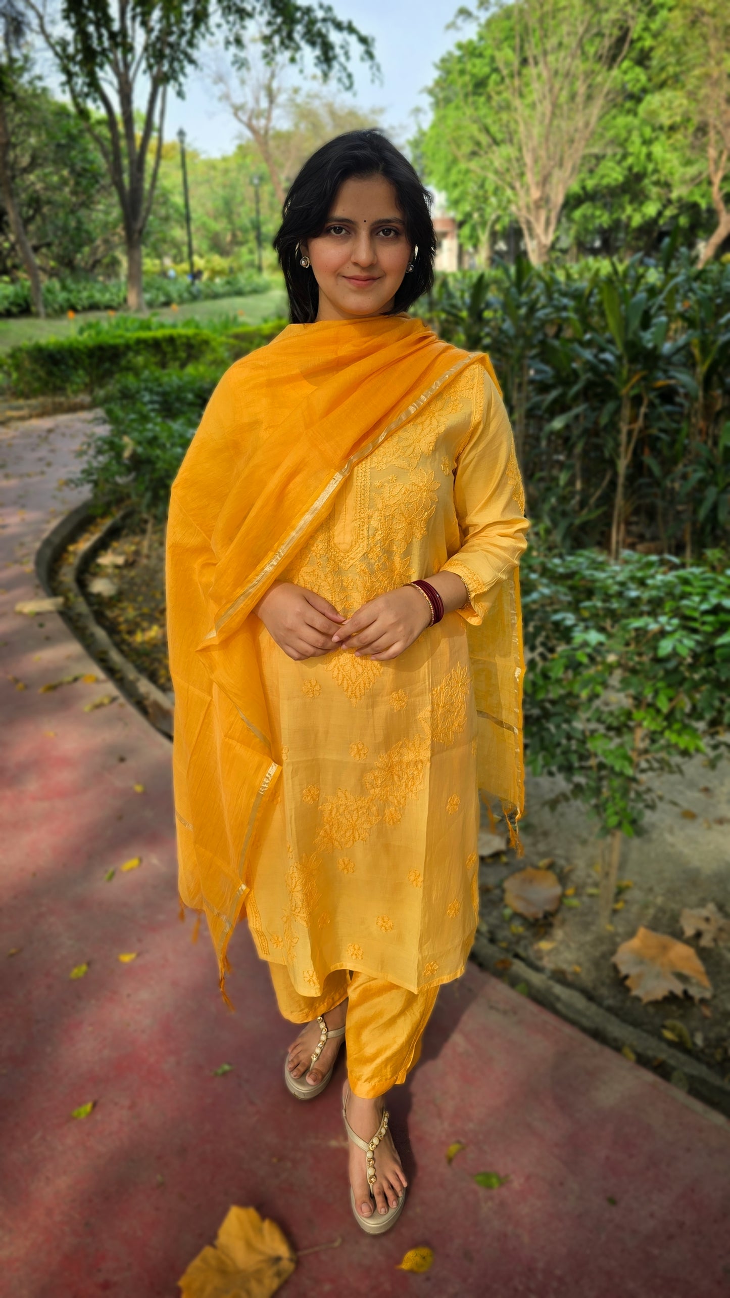 Yellow colour Handmade chikankari suit set on chanderi fabric.