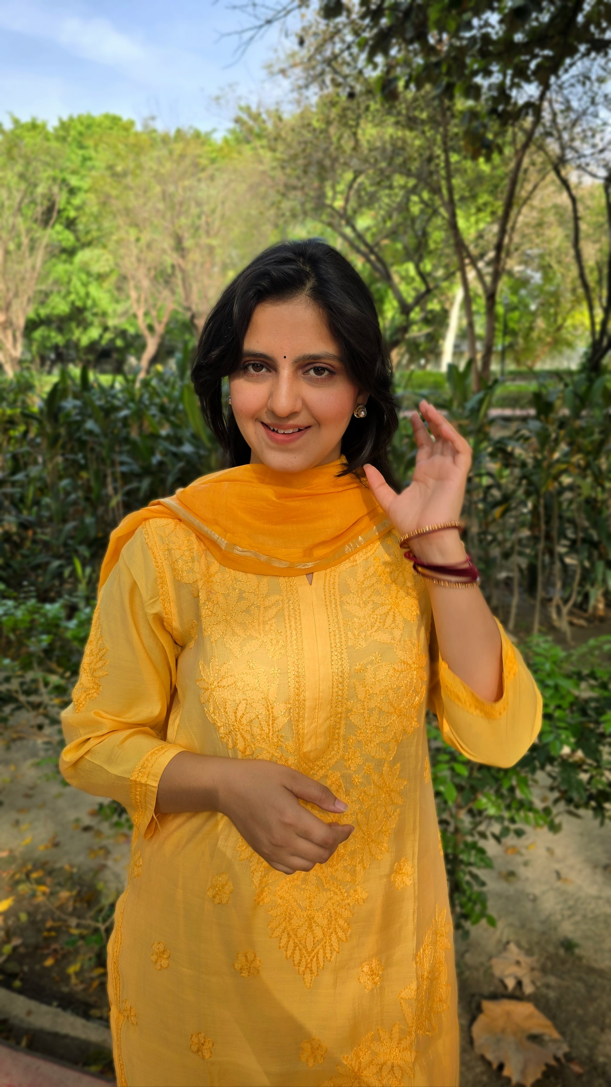 Yellow coliur chanderi chikankari suit set