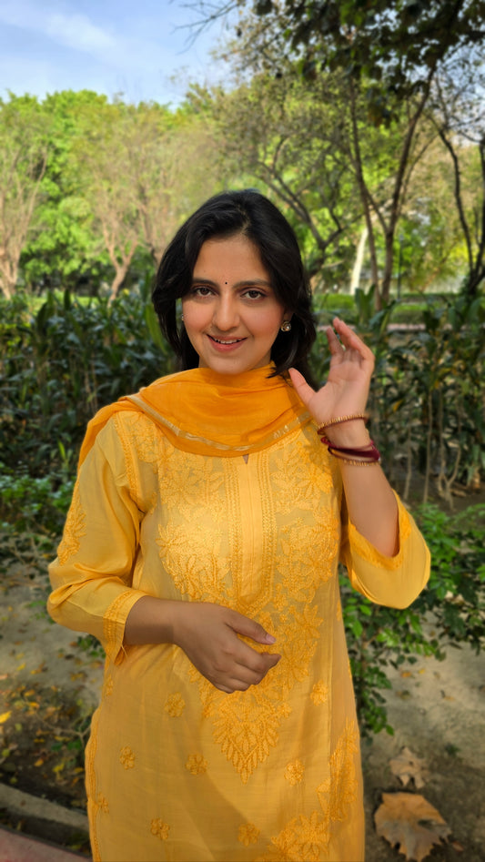 Yellow coliur chanderi chikankari suit set