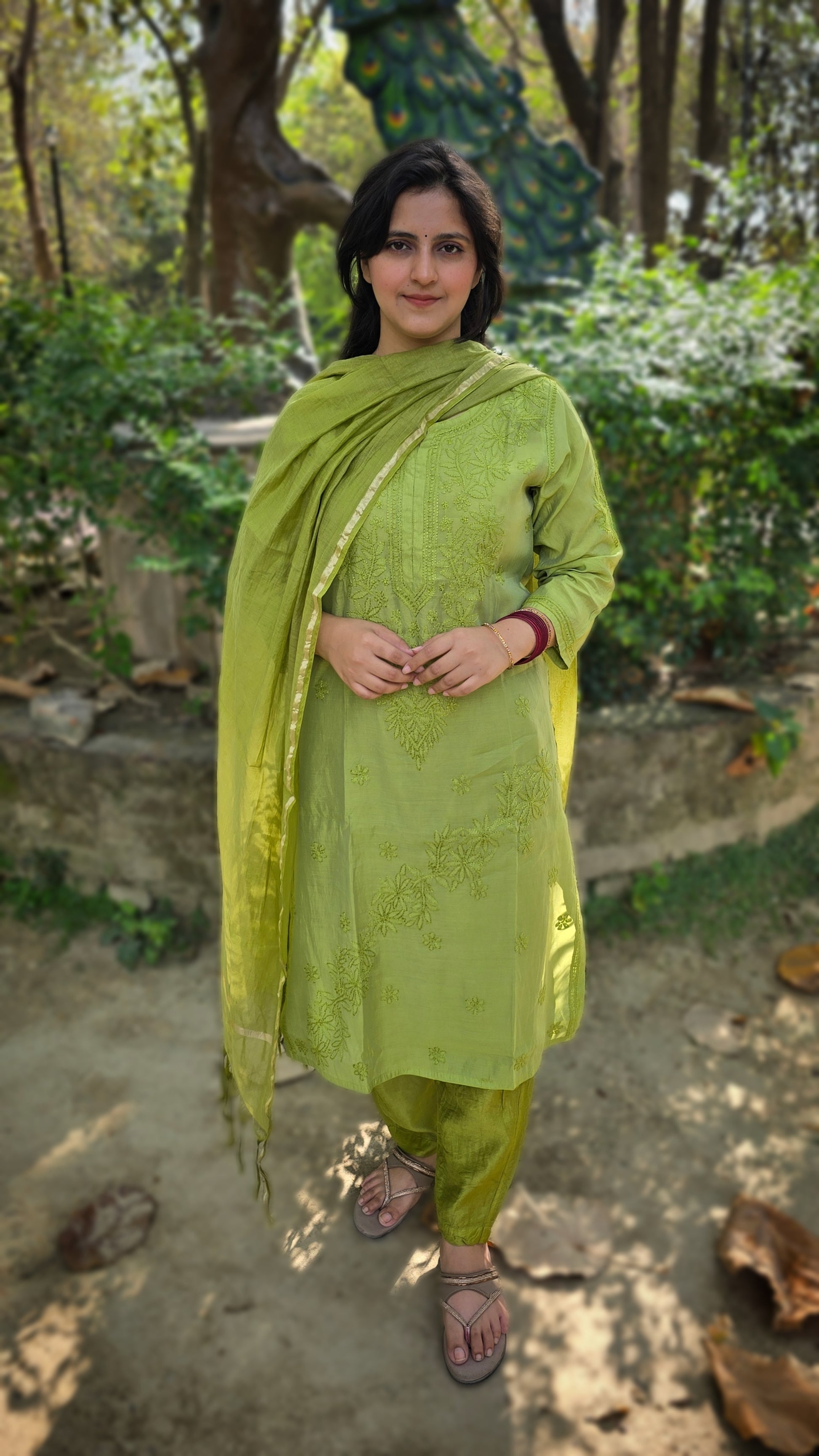 Dhani colour chikankari suit set on chanderi fabric