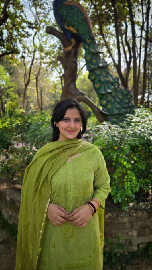Dhanu colour chanderi chikankari suit set