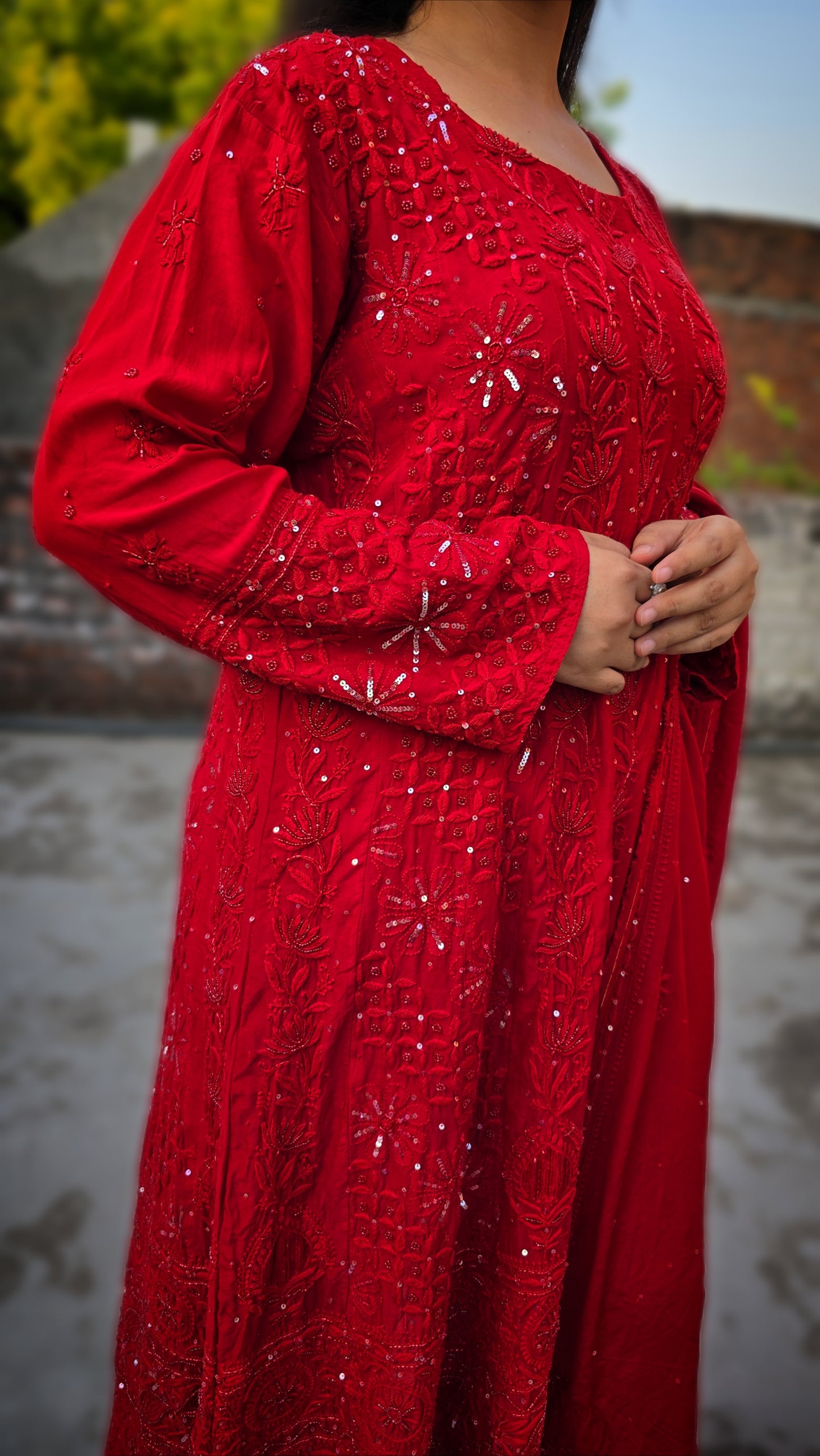 A-line Anarkali Chikankari with emblishment