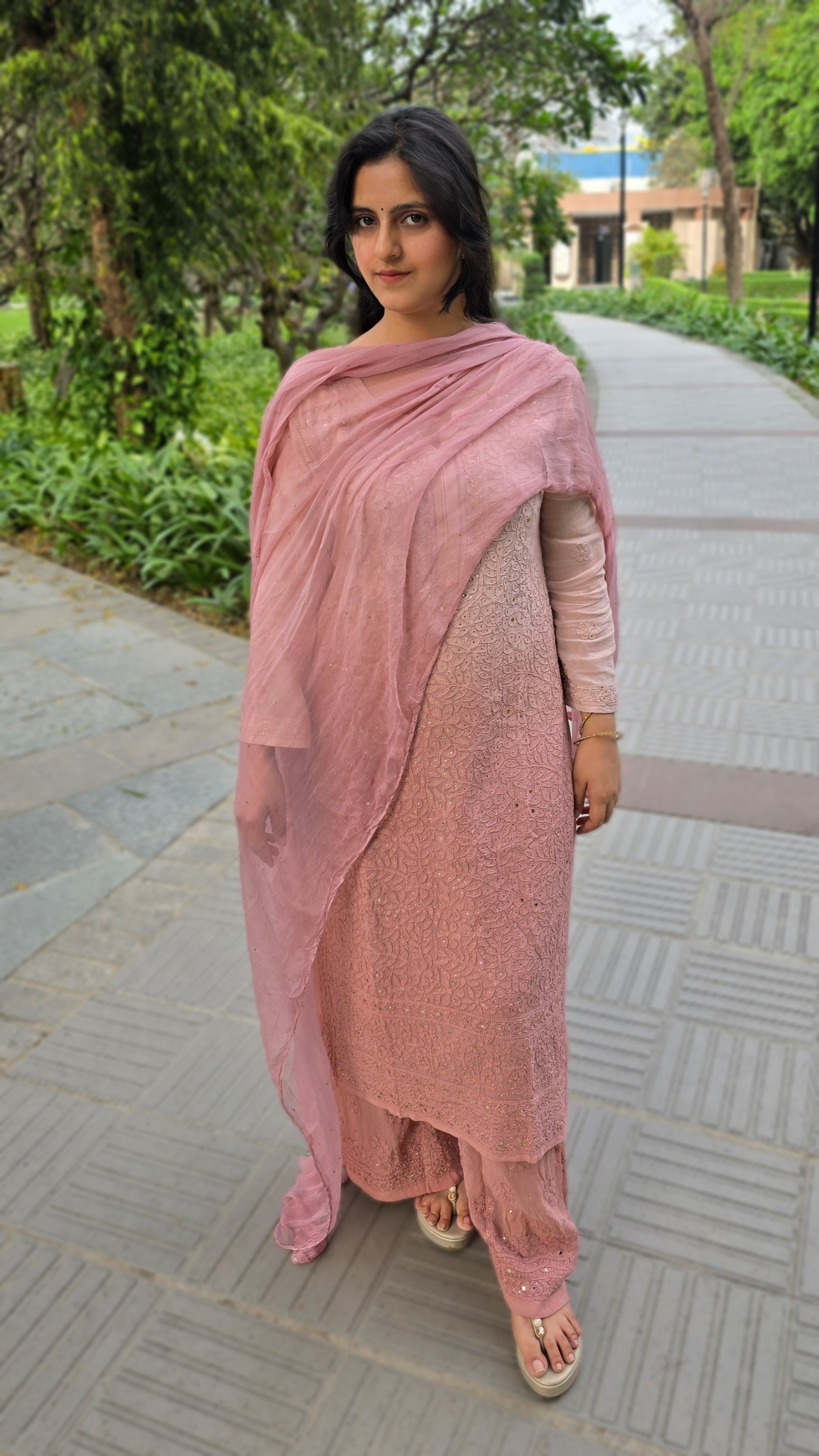 Double tone nude pink full jaal chikankari suit set with mukesh emblishment
