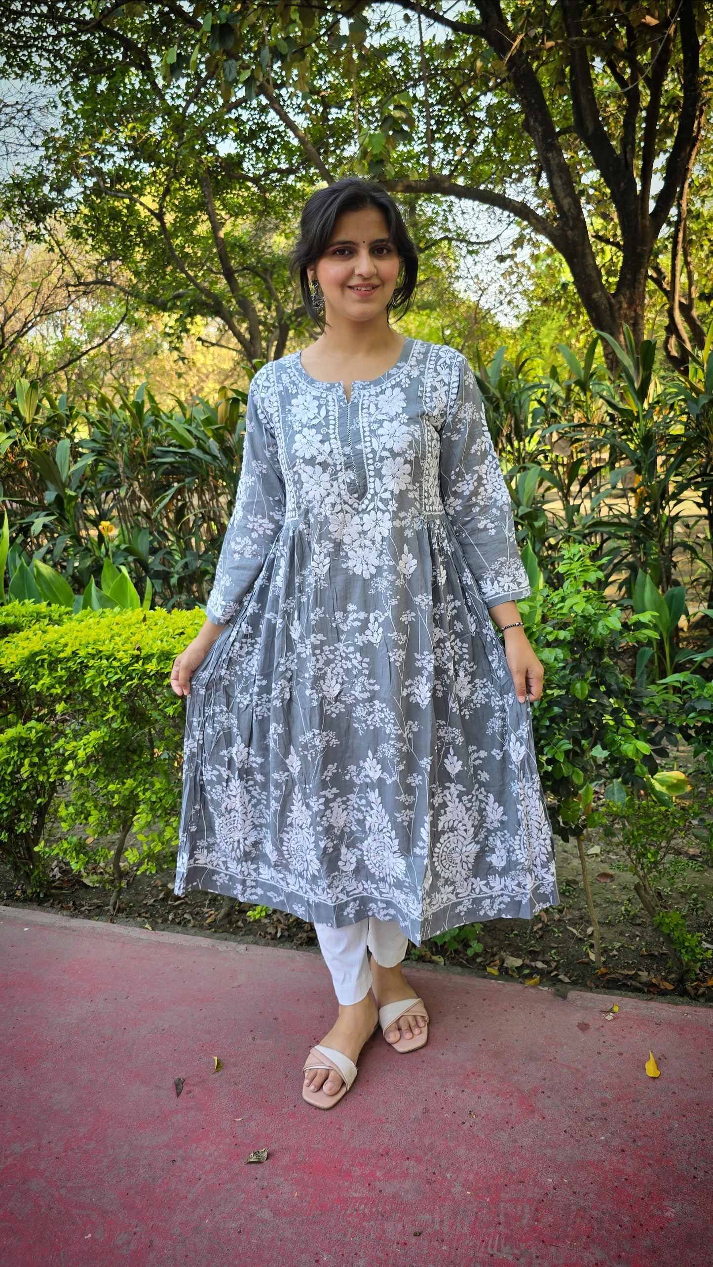 Grey tone printed mul cotton chikankari A-line kurta
