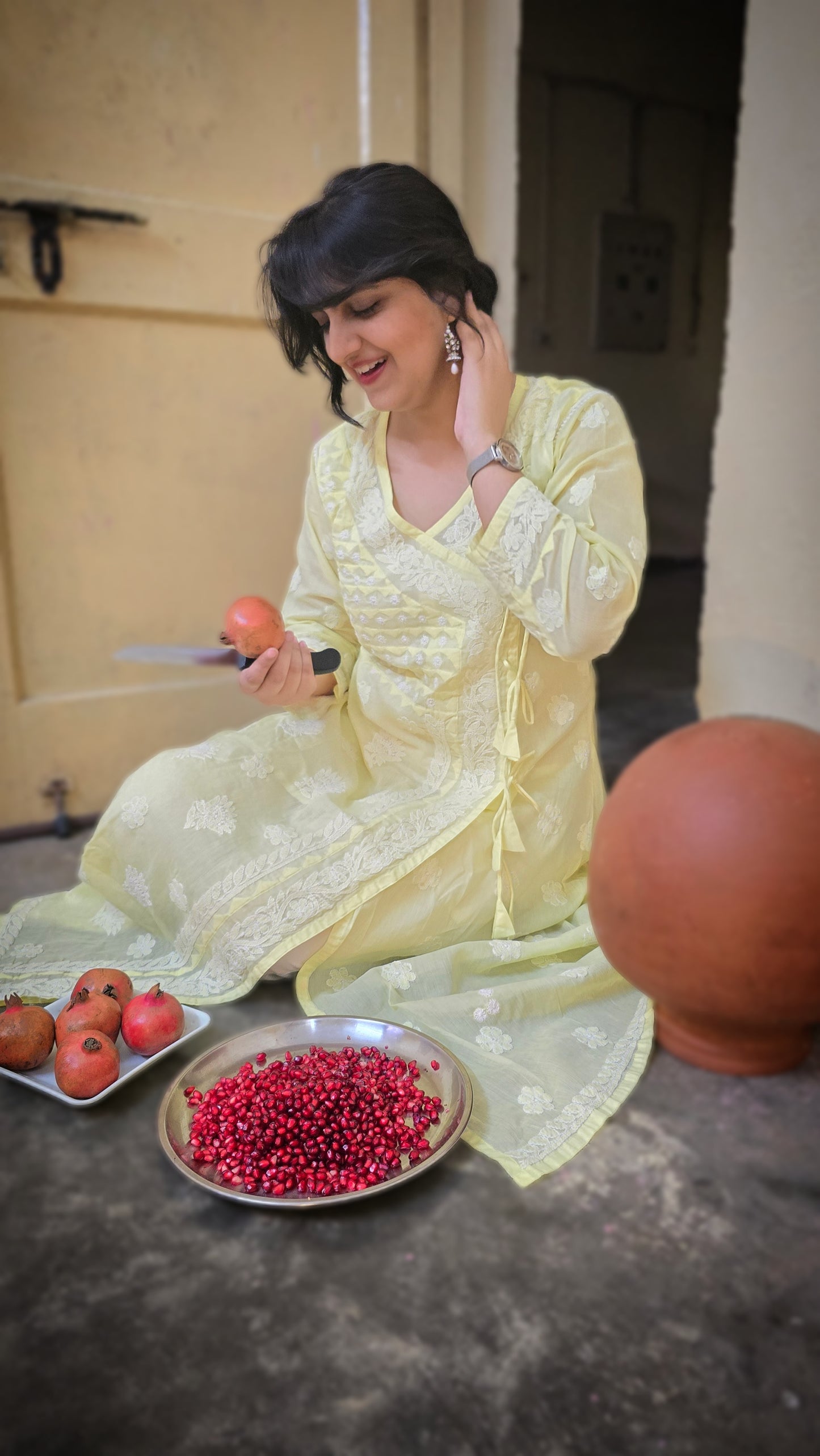 Lemon yellow Terivoil Cotton A-line Chikankari Kurta