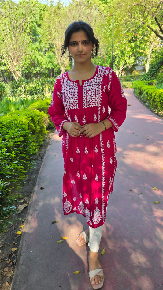Magenta colour A-line Chikankri kurta on Chanderi fabric