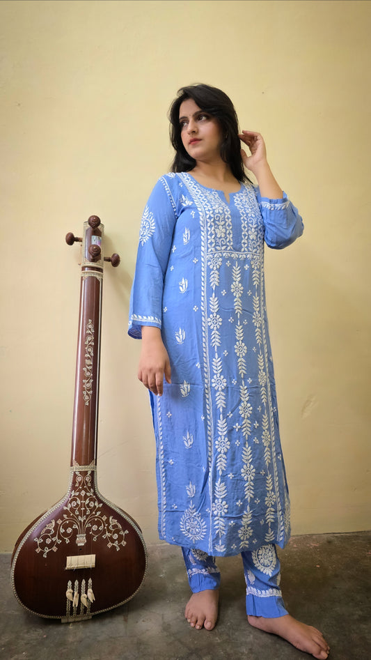 Powder blue Modal cotton chikankari kurta set
