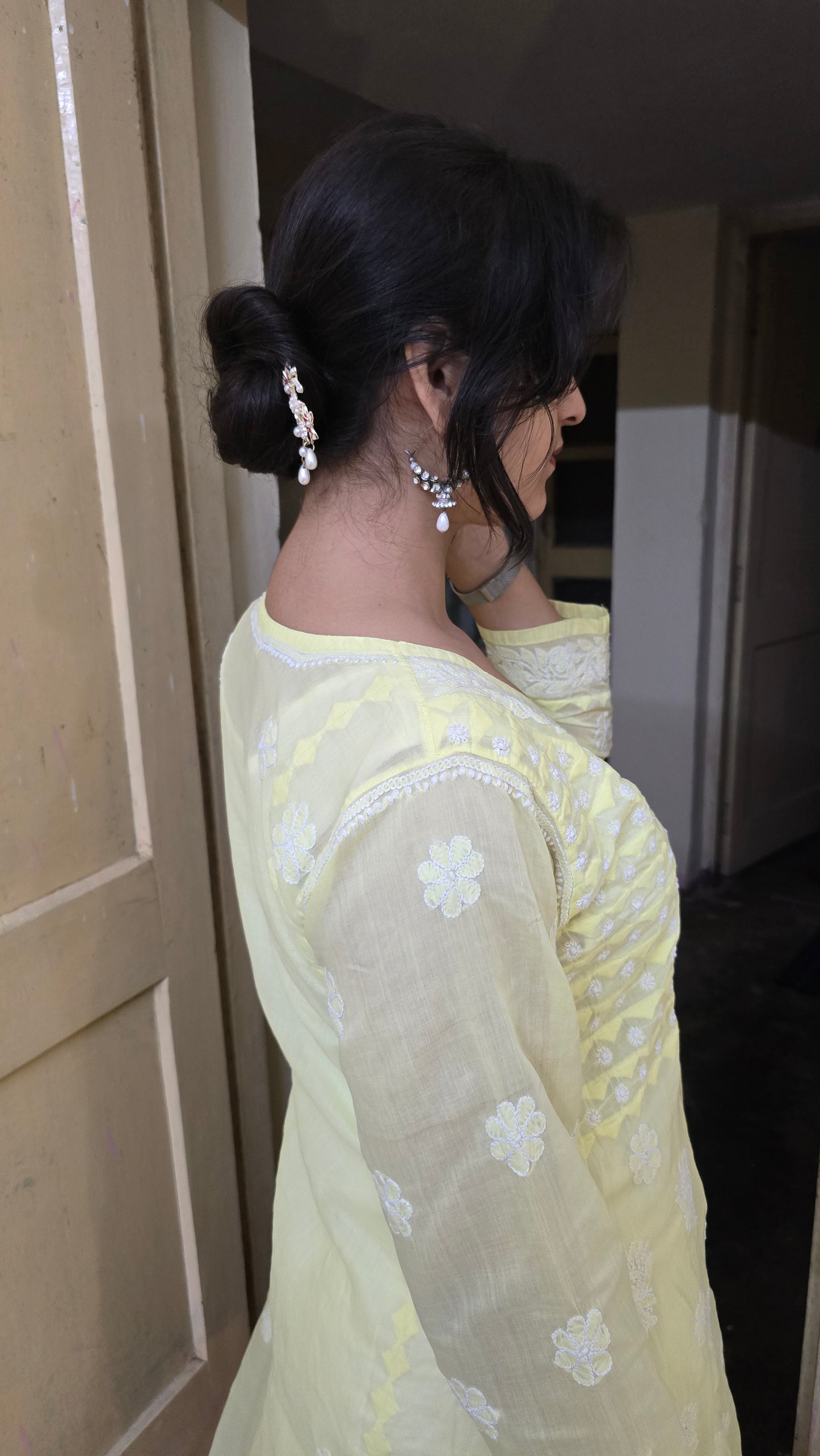 Lemon yellow Terivoil Cotton A-line Chikankari Kurta