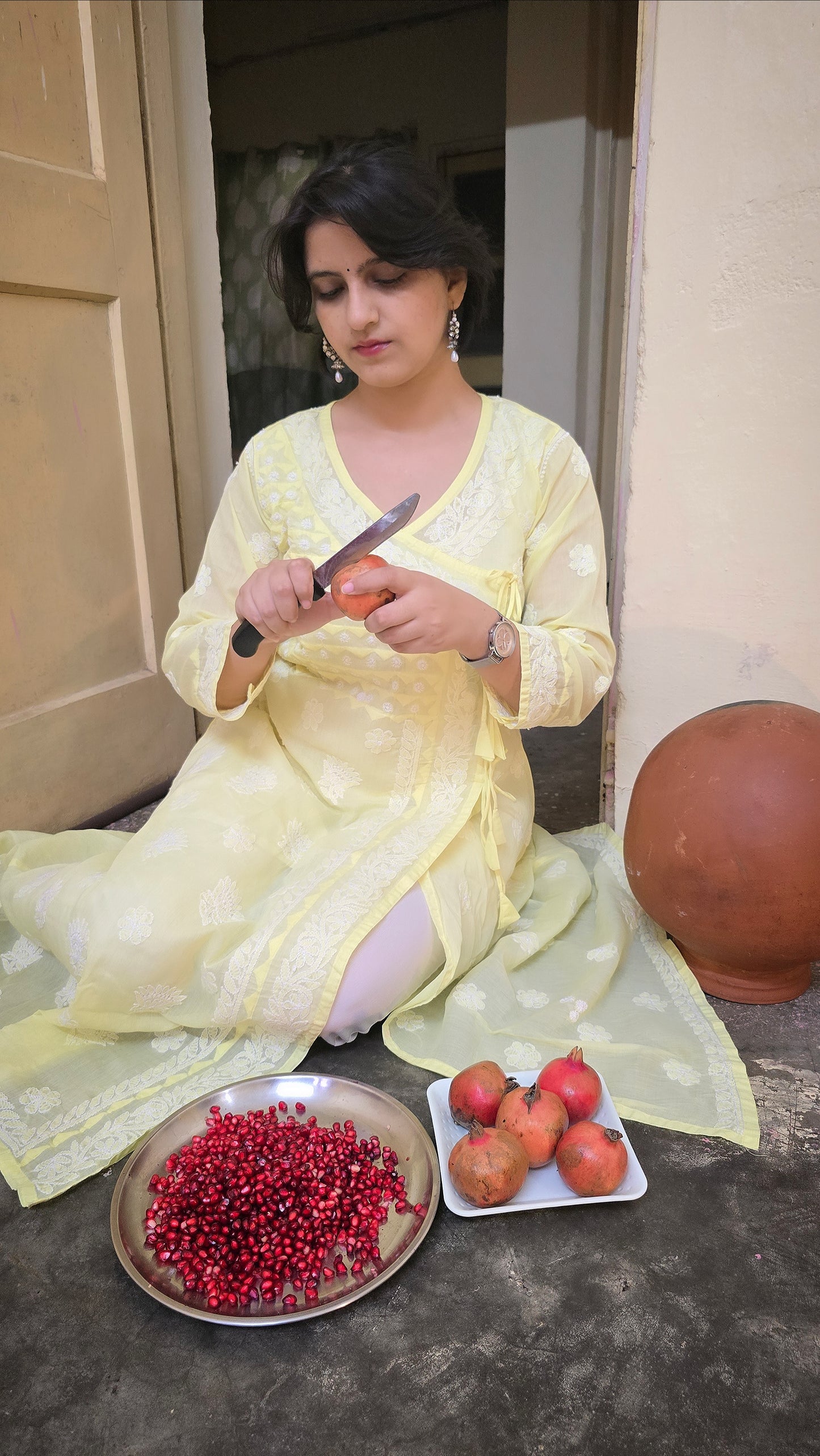 Lemon yellow Terivoil Cotton A-line Chikankari Kurta