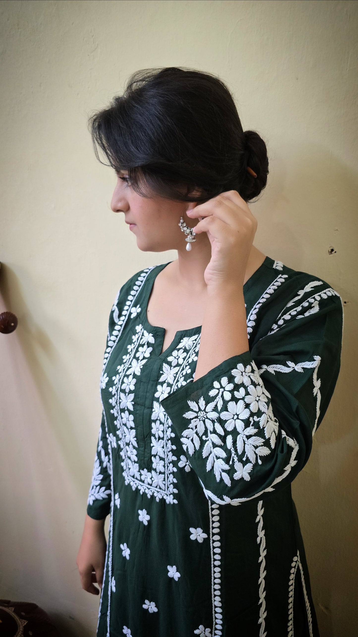 Green colour modal cotton chikankari kurta set