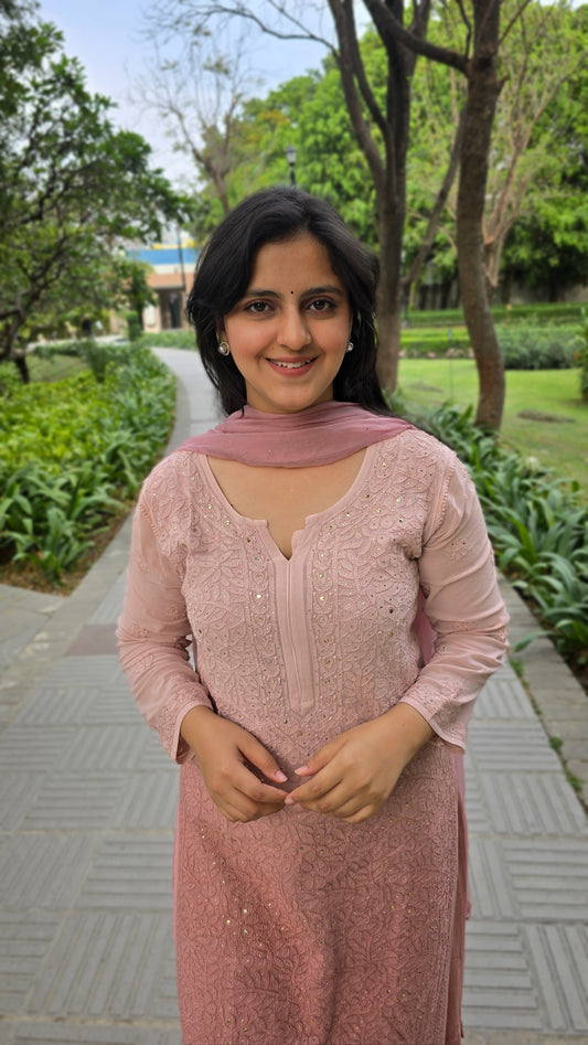 Nude pink viscose georgette chikankari suit set with mukesh work 