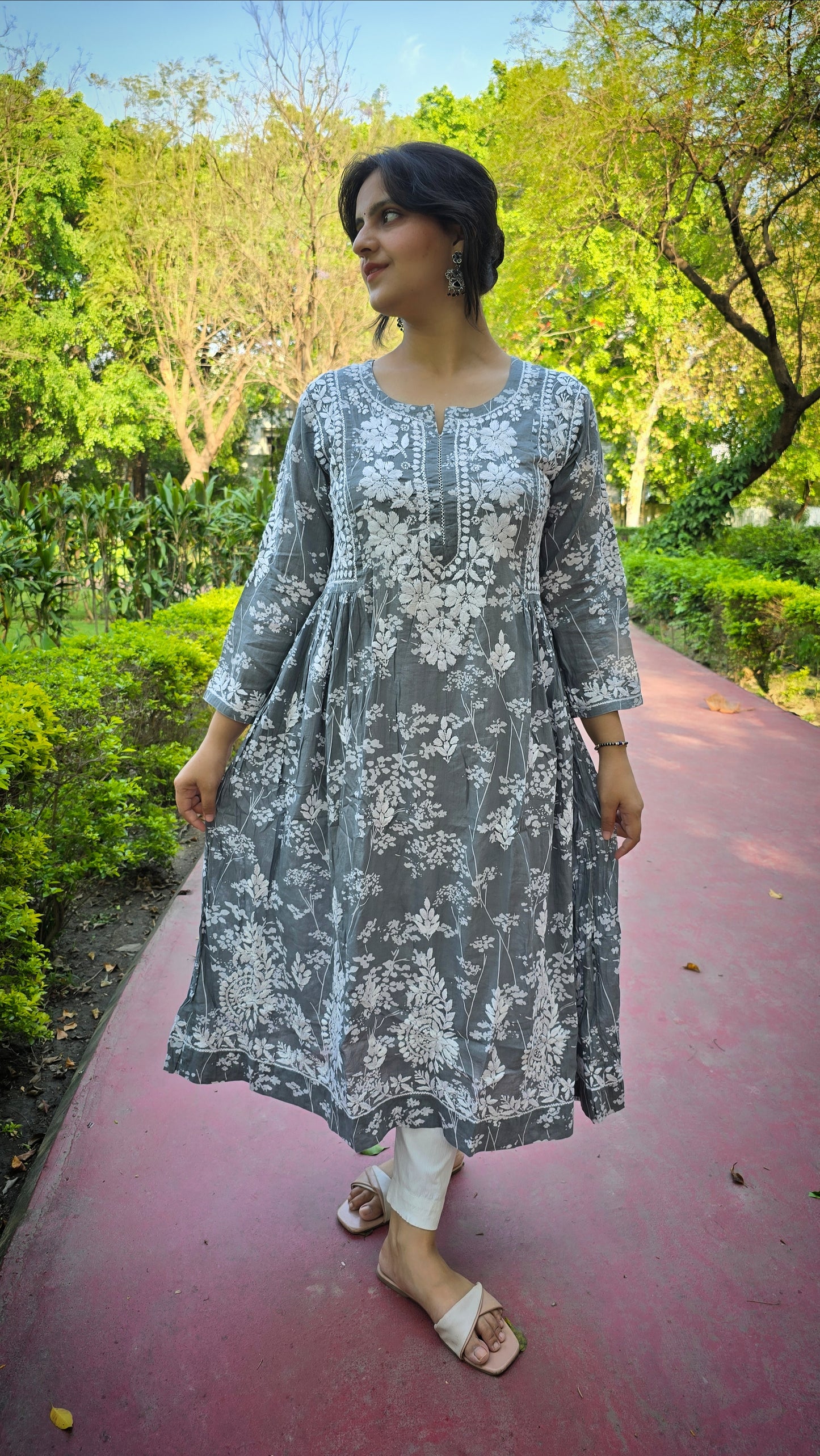 Printed mul cotton chikankari A-line kurta 