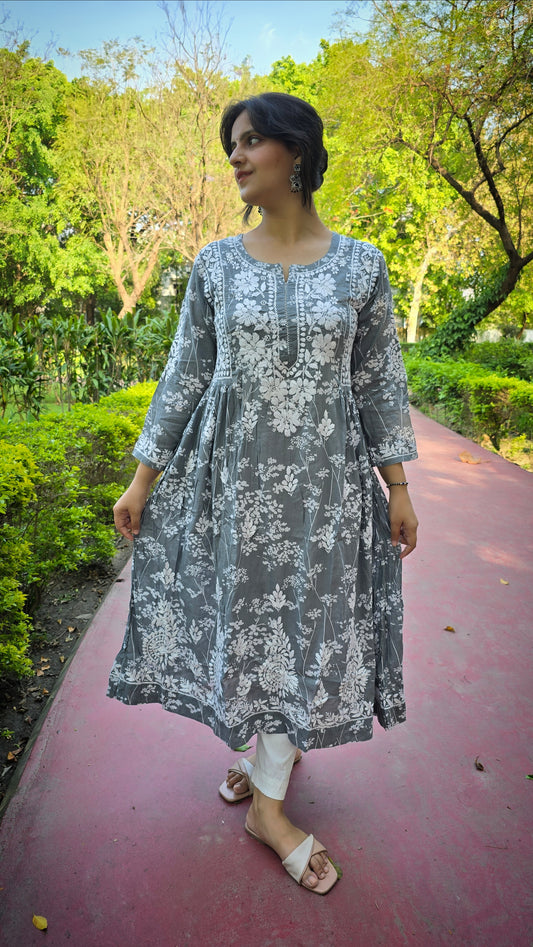Printed mul cotton chikankari A-line kurta 
