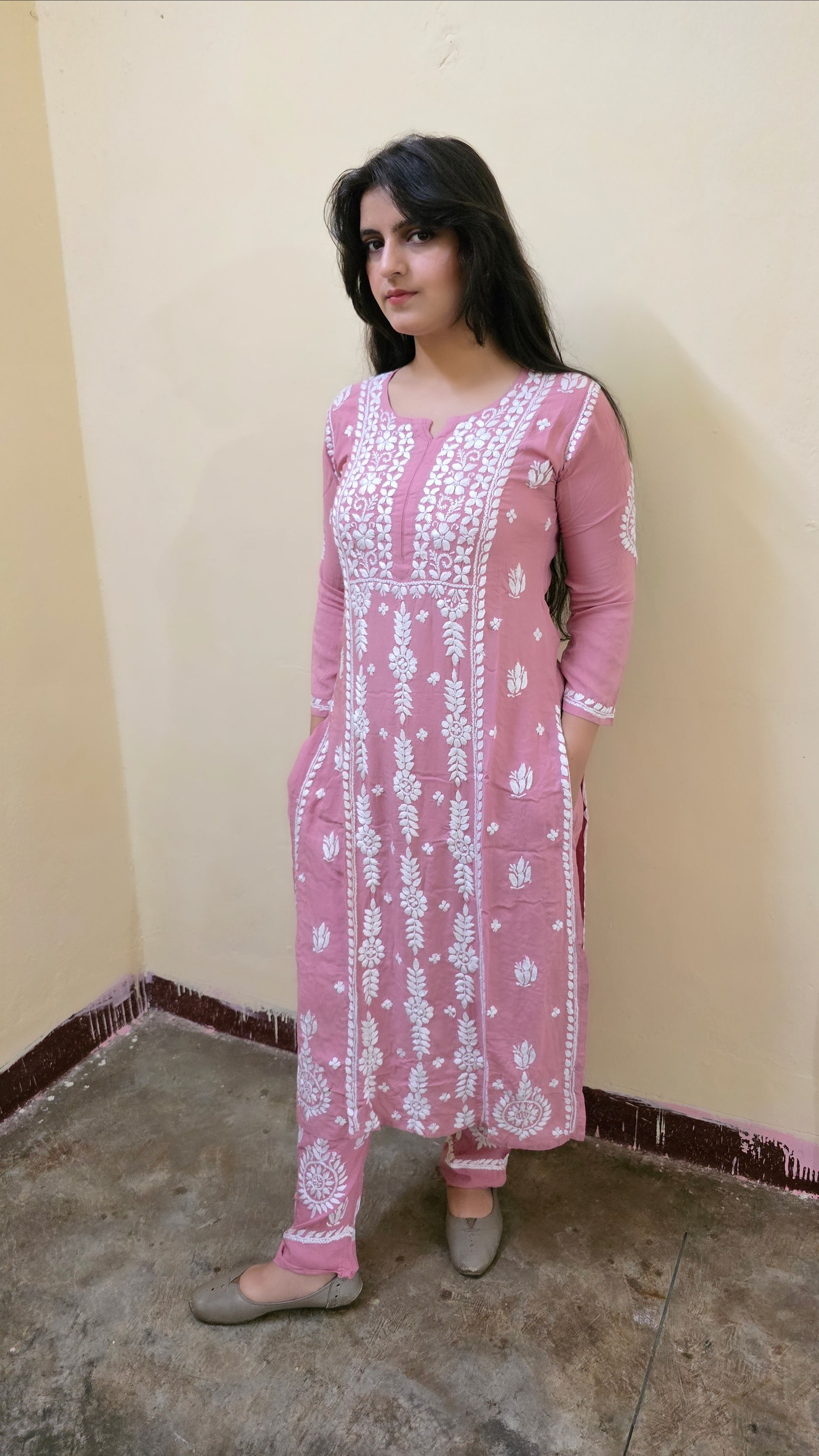 Peach colour overall embroidered kurta set