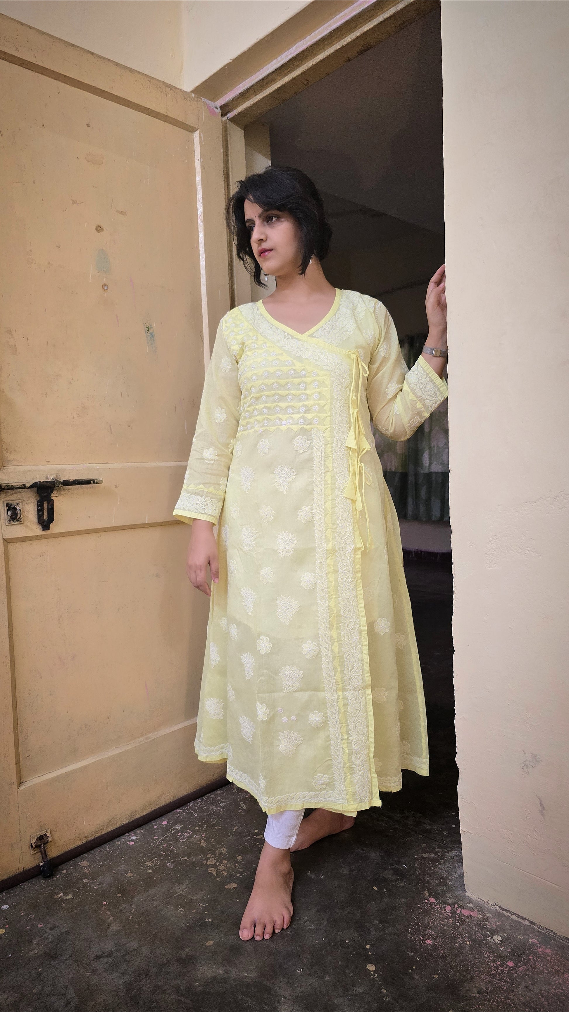 Lemon yellow Terivoil cotton Chikankari A- line kurti