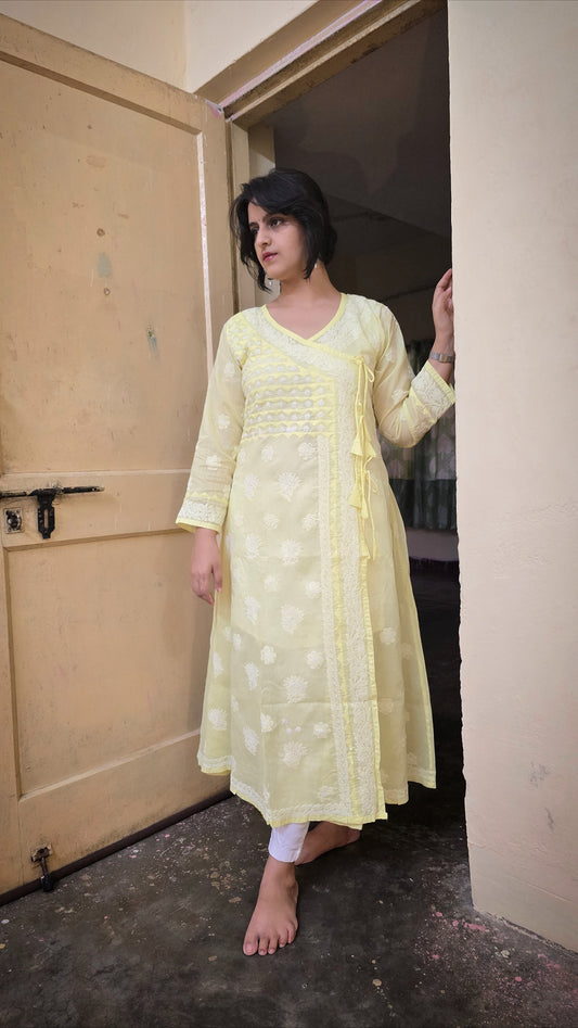 Lemon yellow Terivoil cotton Chikankari A- line kurti