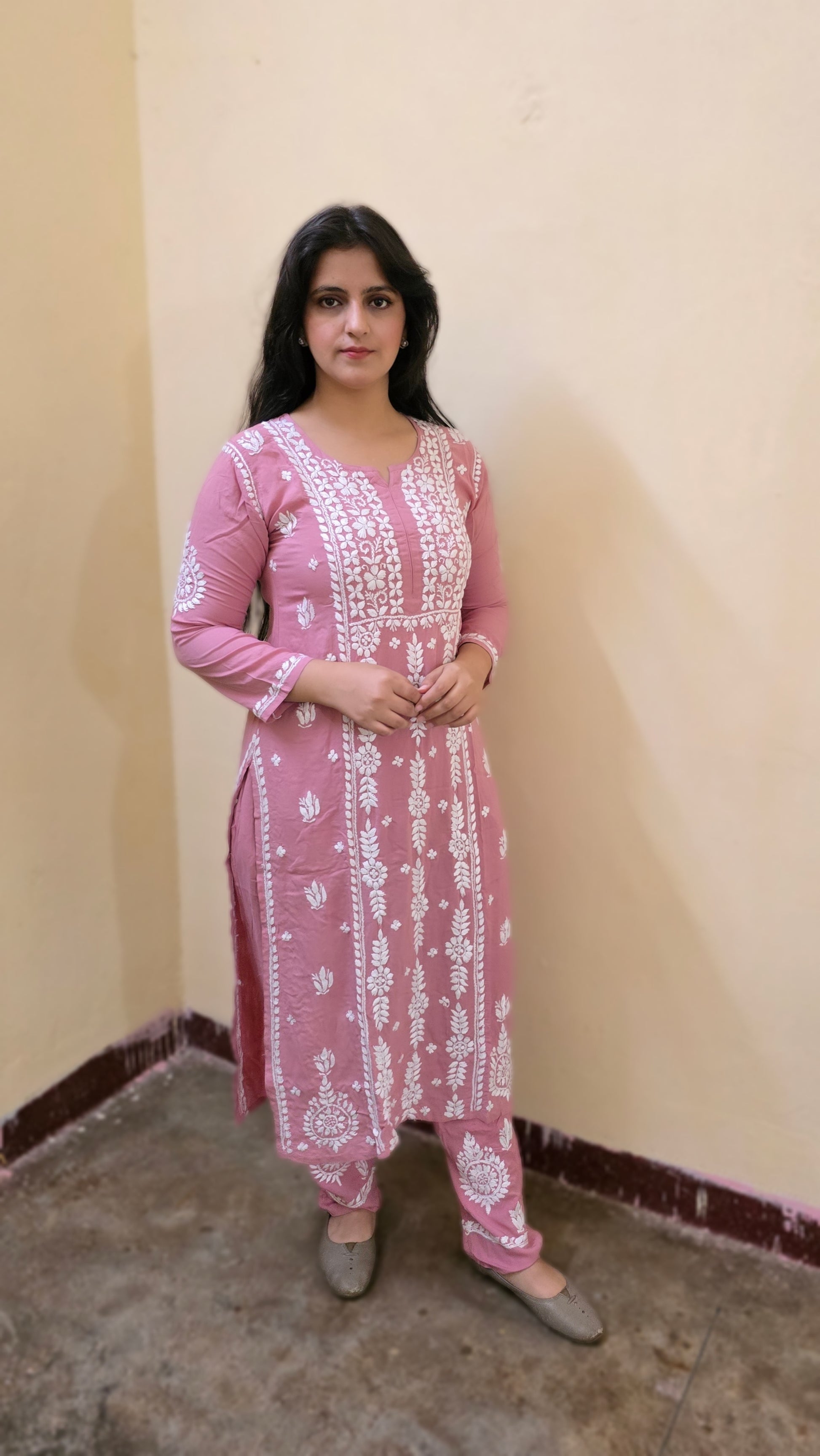 Peach colour modal cotton chikankari kurta set
