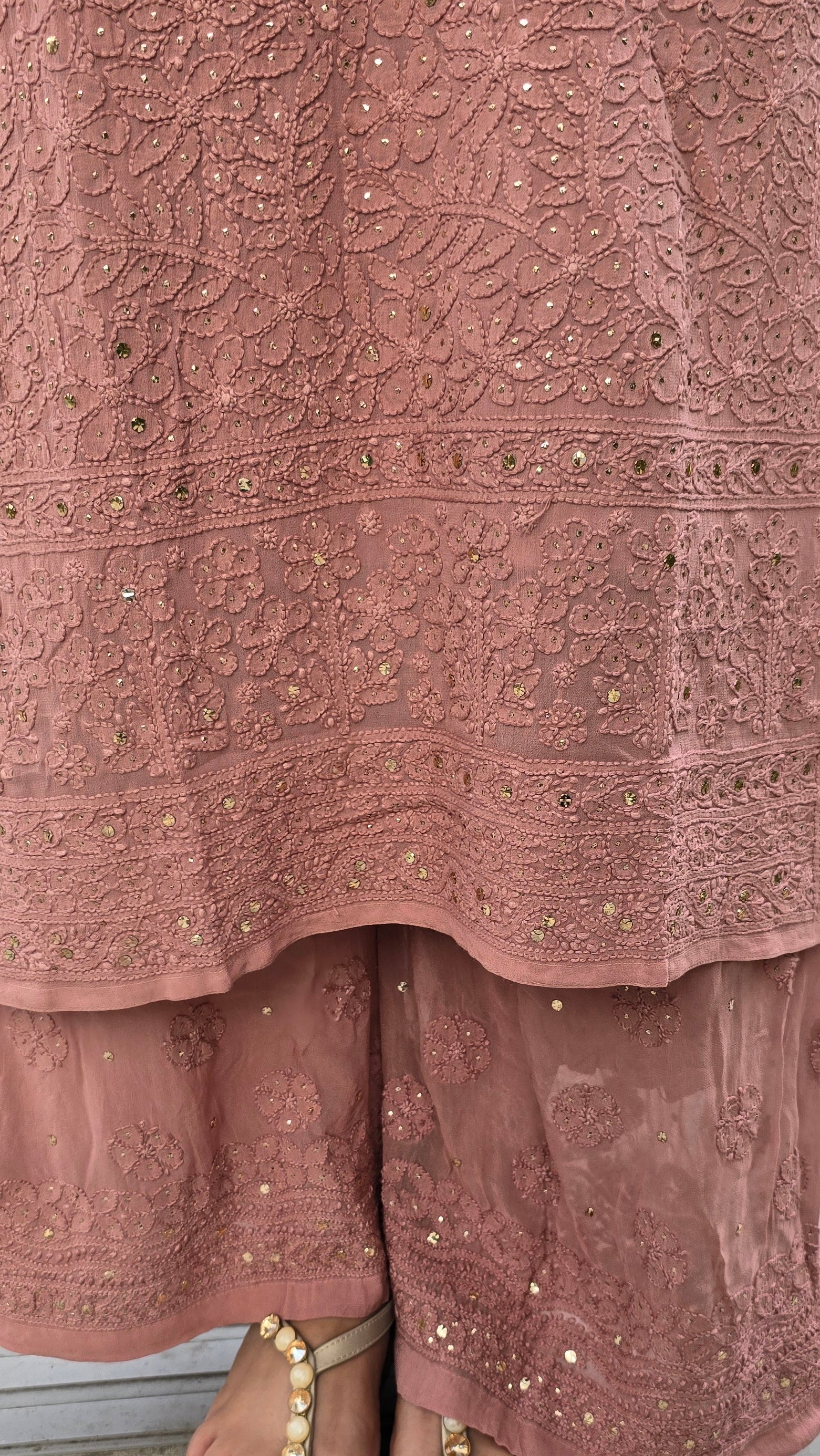 Kurta and plazzo , Handmade chikankari with mukesh.