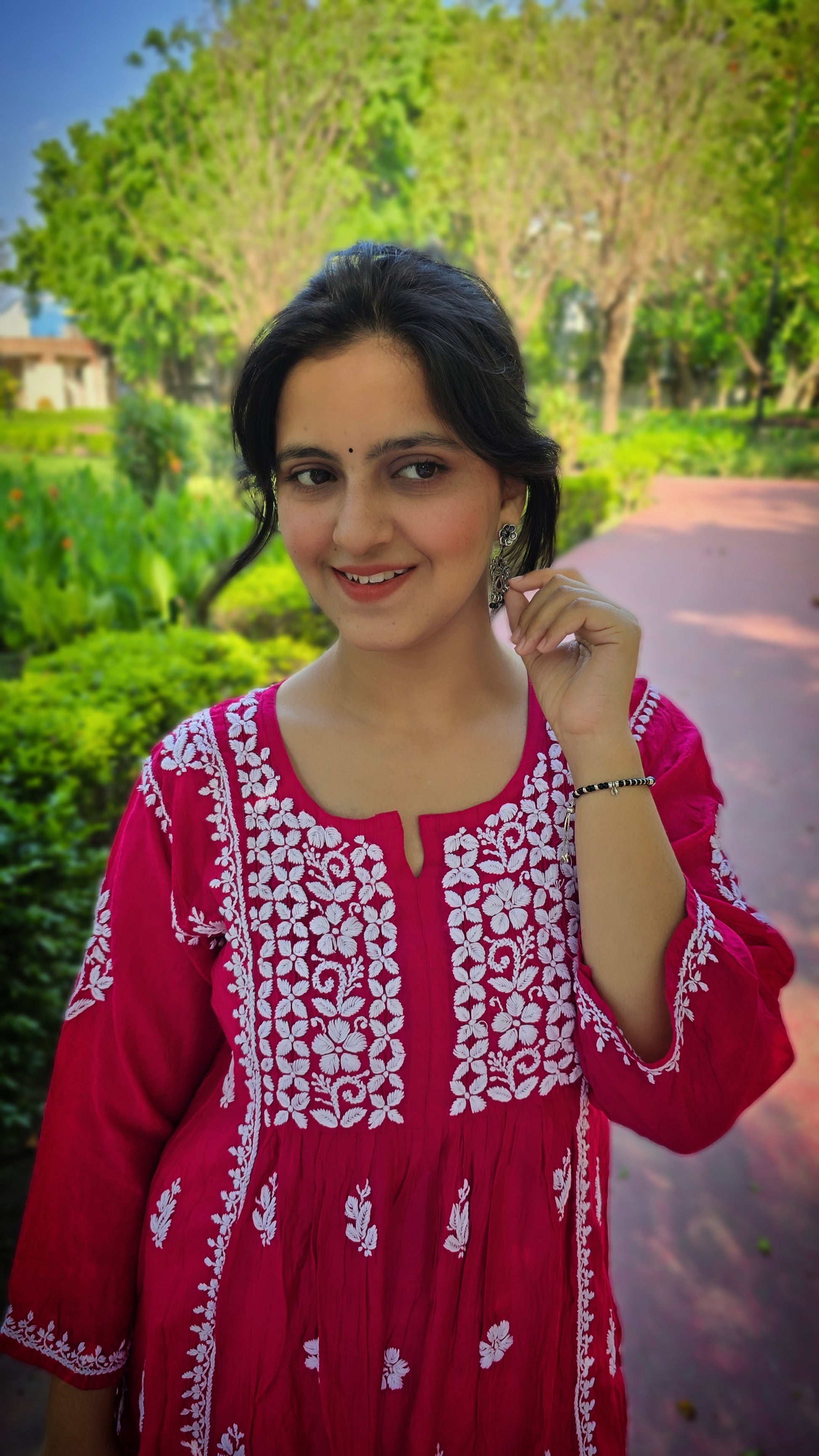 Intricate chikankari on chanderi fabric , bright magenta colour