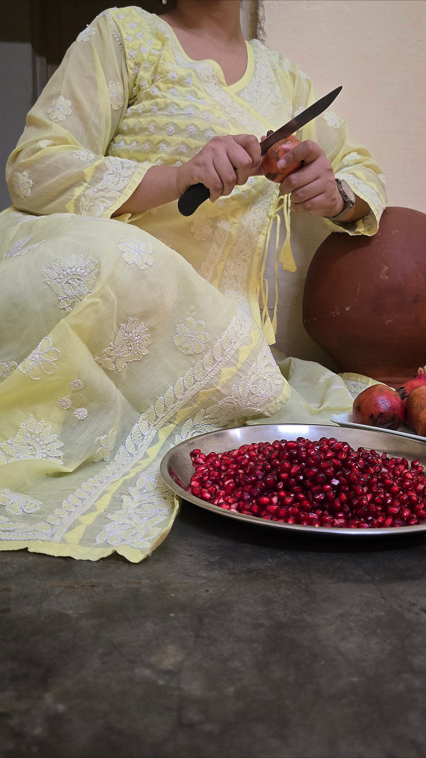 Lemon yellow Terivoil Cotton A-line Chikankari Kurta