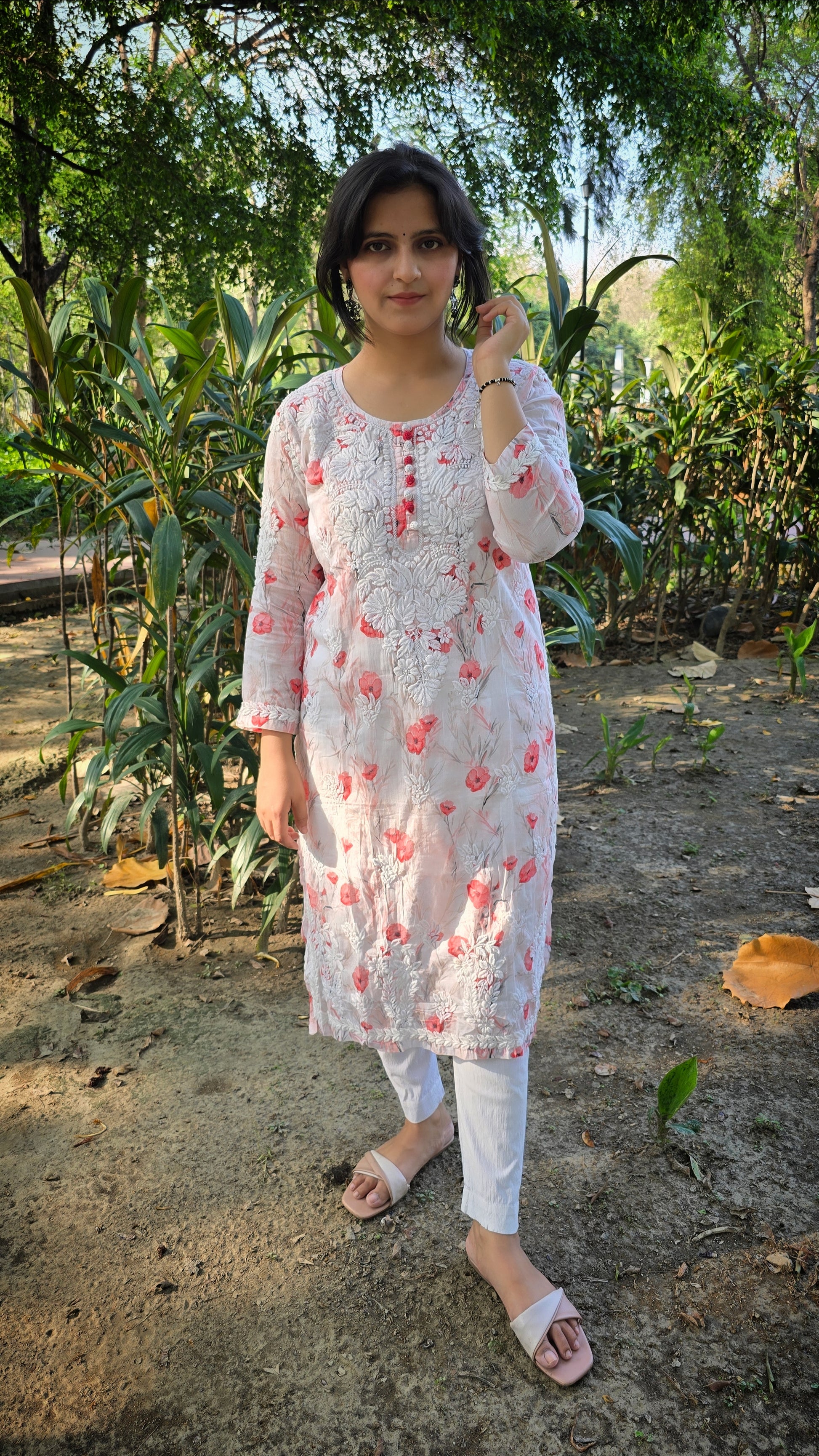 Floral Printed white mul cotton chikankari kurti