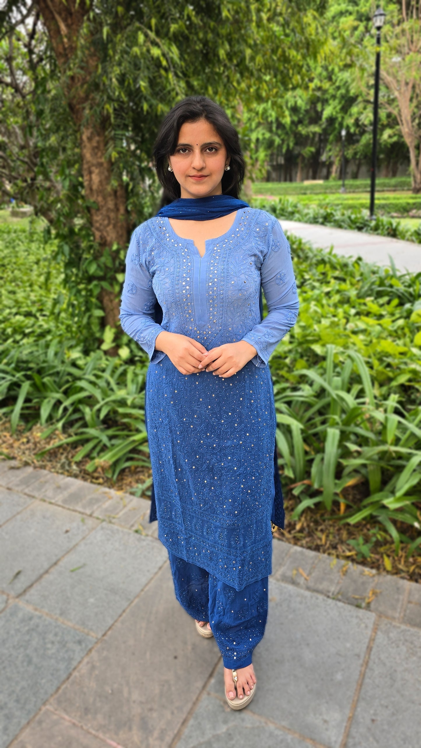 Double tone royal blue colour viscose georgette chikankari suit set with mukesh 