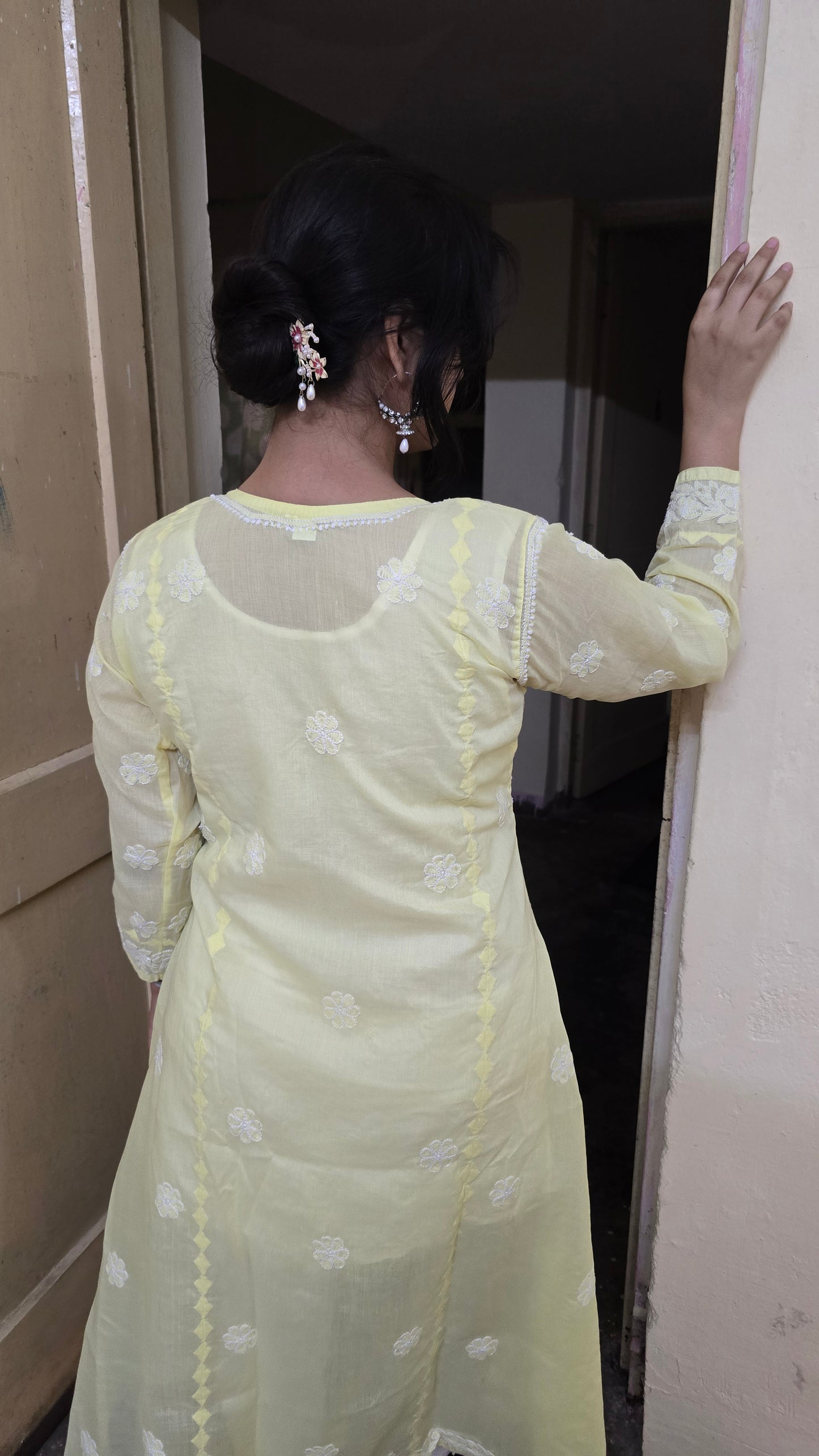 Lemon yellow Terivoil Cotton A-line Chikankari Kurta