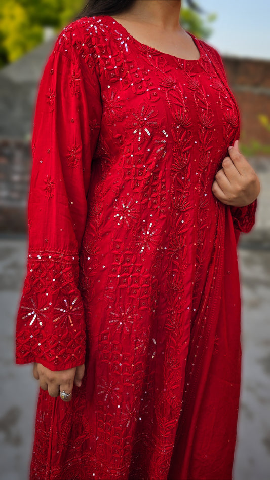 A-line Anarkali Chikankari with emblishment