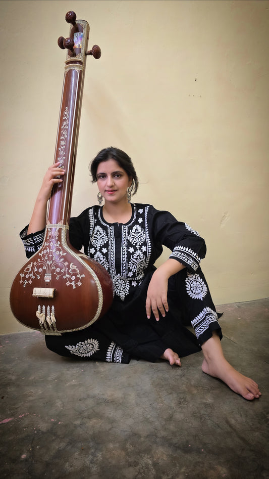 Black cotton chikankari kurta plazzo set
